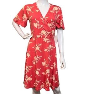 NWT 41 Hawthorn Rose of Sharon Flutter Sleeve Faux Wrap Dress in Coral Size M
